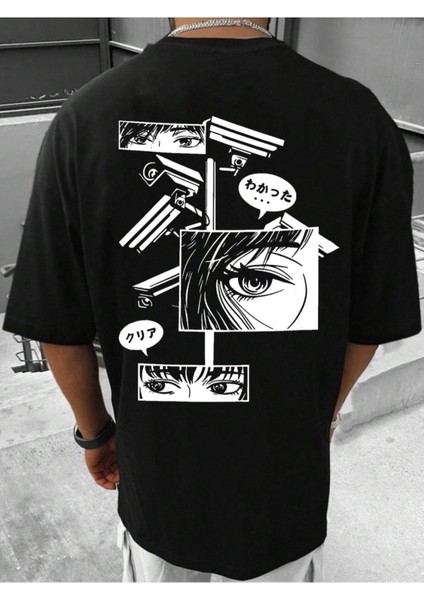 Japon Kamera Göz Detay Baskılı Oversize Bisiklet Yaka Yazlık Pamuk T-Shirt
