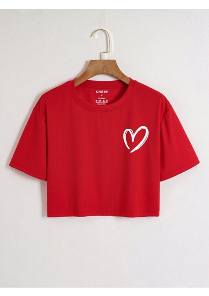 Çocuk Kalp Baskılı Oversize Crop T-Shirt