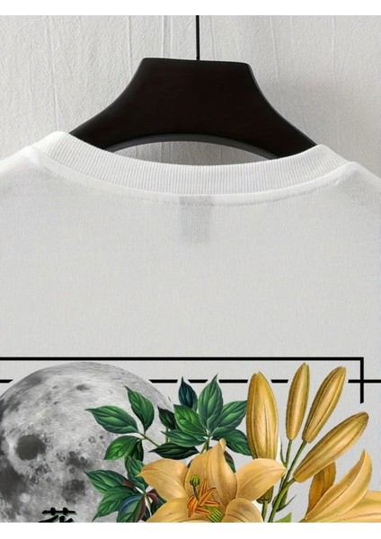 Unisex Gezegen Çiçek Baskılı Oversize %100 Pamuk T-Shirt modelleri
