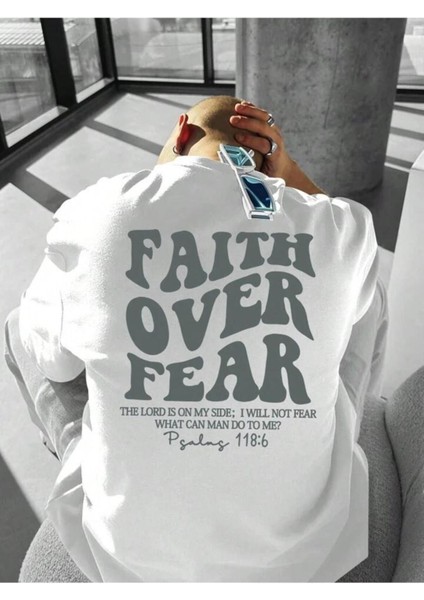 Unisex Faith Over Fear Baskılı Oversize %100 Pamuk T-Shirt