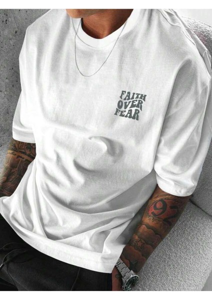 Unisex Faith Over Fear Baskılı Oversize %100 Pamuk T-Shirt fiyatları