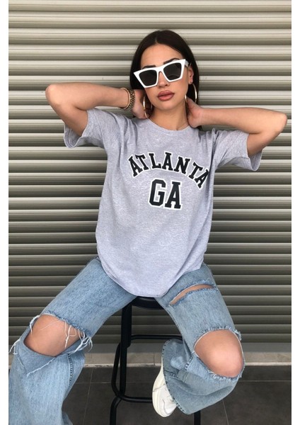 Kadın Gri Atlanta Baskılı Oversize T-Shirt
