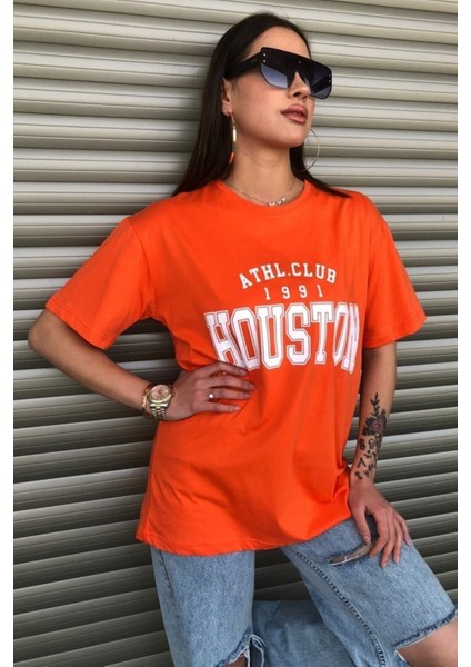 Kadın Houston Baskılı Oversize Tshirt Turuncu modelleri