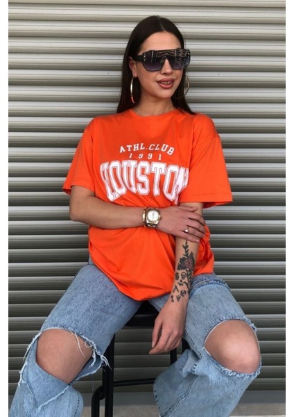 Kadın Houston Baskılı Oversize Tshirt Turuncu fırsatları