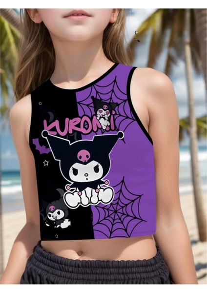 Çocuk Kuromi Baskılı Çift Renk %100 Pamuk Crop T-Shirt