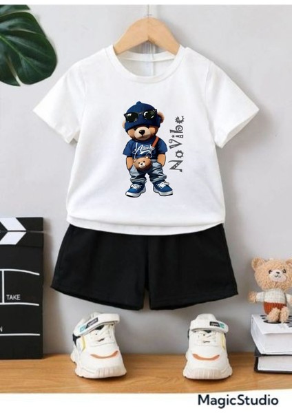 Beyaz Bisiklet Yaka Teddy Novibe Baskılı Oversize T-Shirt
