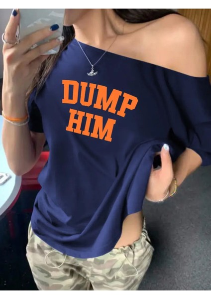 Büyük Beden Kadın Düşük Omuz Dump Hım Kayık Yaka Baskılı T-Shirt