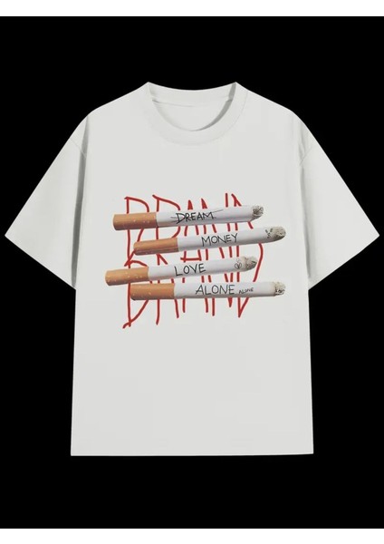 Unisex Dream Money Love Alone Sigara Baskılı Oversize %100 Pamuk T-Shirt