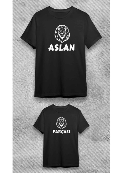 Siyah Model2 Aslan Parçası Baskılı Baba Oğul Siyah Pamuklu Tişört Kombin fiyatları
