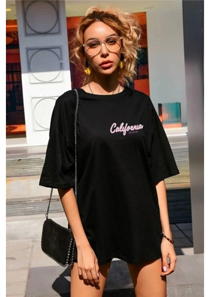 Büyük Beden Kadın Siyah Oversize California Baskılı T-Shirt modelleri