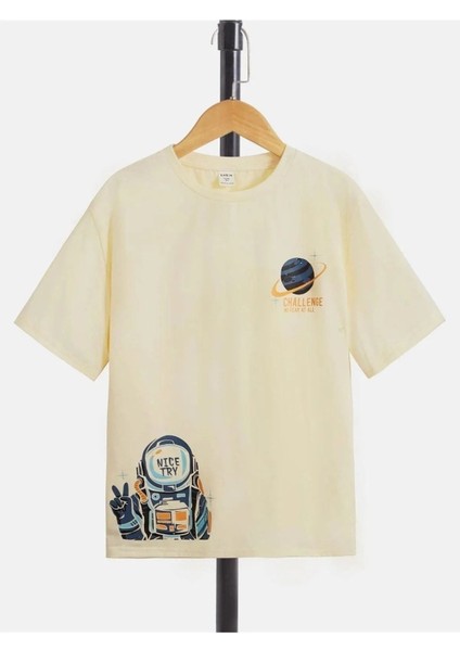Challenge Nice Try Astronot Baskılı Oversize Bisiklet Yaka T-Shirt