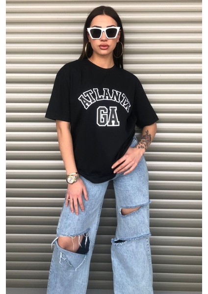 Kadın Siyah Atlanta Baskılı Oversize T-Shirt