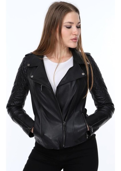 Hakiki Deri Siyah Atlanta Kadın Ceket