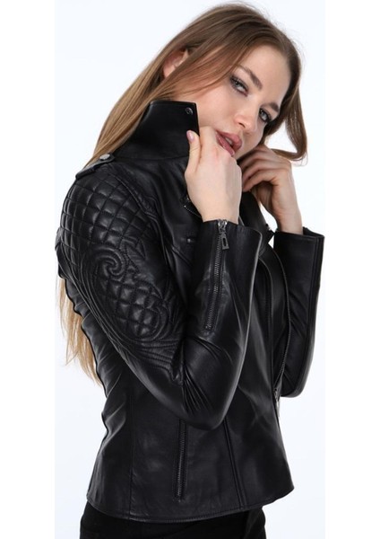Hakiki Deri Siyah Atlanta Kadın Ceket