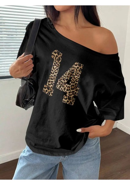 Kadın Kayık Yaka Baskılı Oversize %100 Pamuk T-Shirt