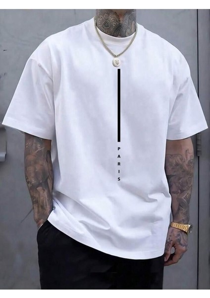 Unisex Paris Çizgi Baskılı Oversize %100 Pamuk T-Shirt