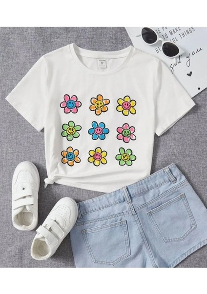 Renkli Papatya Baskılı Oversize Bisiklet Yaka Pamuklu Çocuk T-Shirt
