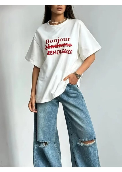 Unisex Bonjour Madame Baskılı Oversize %100 Pamuk T-Shirt