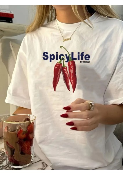 Unisex Beyaz Spicy Life Biber Baskılı Oversize %100 Pamuk T-Shirt