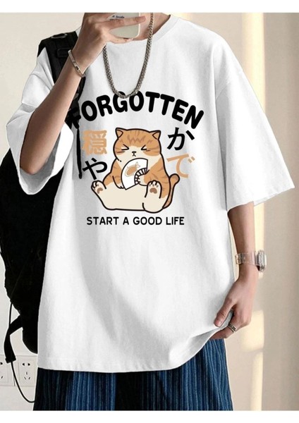 Büyük Beden Forgotten Kedi Baskılı Oversize Pamuk T-Shirt