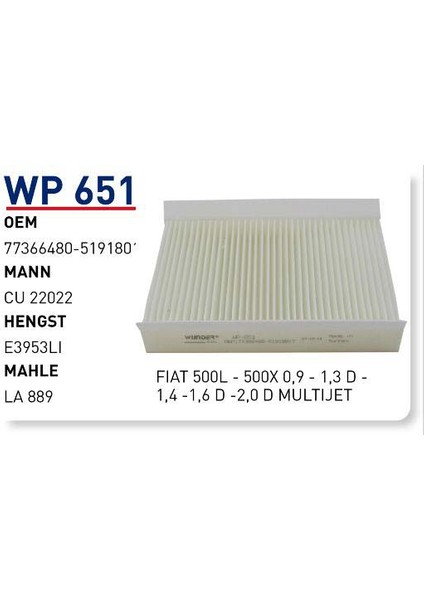 Wp651 Oem 77366480 Oem 51918017 Fiat 500L 500X Multıjet Otomobil polen filtre pollen filter