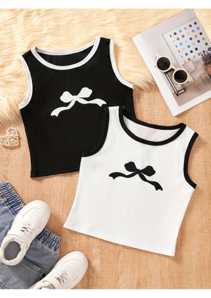 Çocuk Kurdele Baskılı Askılı Crop T-Shirt 2'li Set