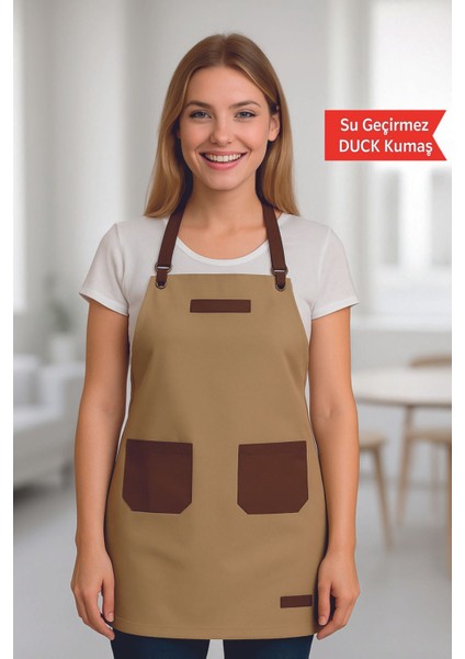 Krem Kahve Renkli Cepli Mutfak Önlüğü, Şef, Garson, Aşçı ve Barista Için Ideal