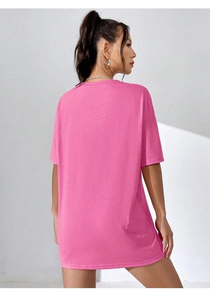 Büyük Beden Pembe Never Look Back Baskılı Oversize Bisiklet Yaka T-Shirt fiyatları