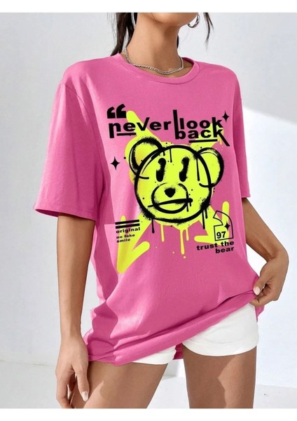 Büyük Beden Pembe Never Look Back Baskılı Oversize Bisiklet Yaka T-Shirt modelleri