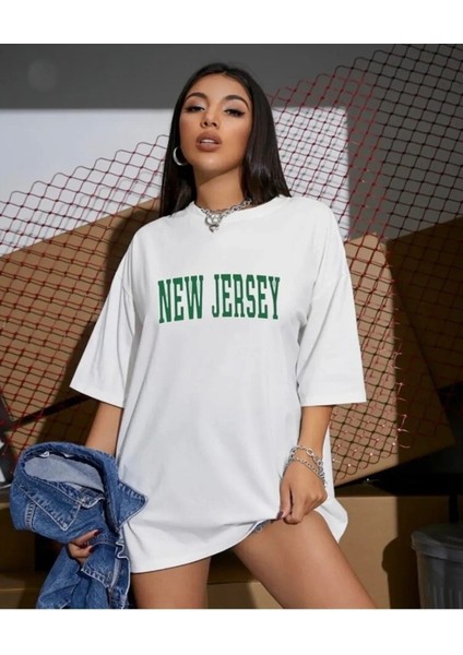 New Jersey Baskılı Oversize Unisex Pamuk T-Shirt