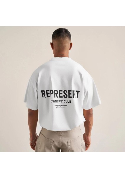 Erkek Represent Baskılı Bisiklet Yaka Oversize Tshirt