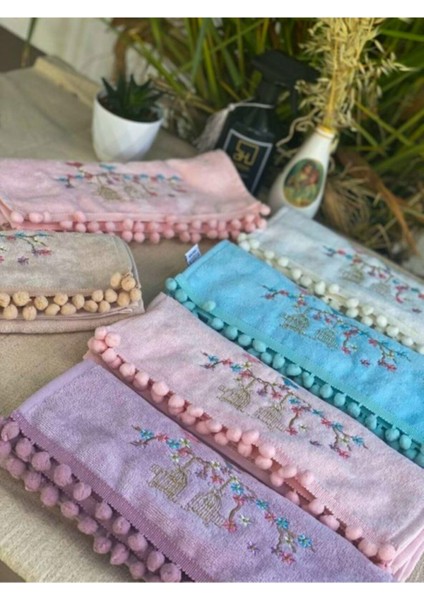 Kadife Ponponlu Kafes Nakışlı 6'lı Mutfak Havlu Seti 30X50 Kahverengi modelleri