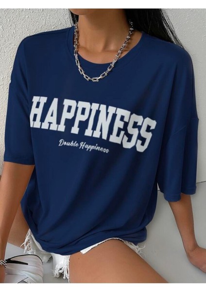 Büyük Beden Indigo Happiness Baskılı Oversize T-Shirt