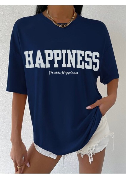 Büyük Beden Indigo Happiness Baskılı Oversize T-Shirt