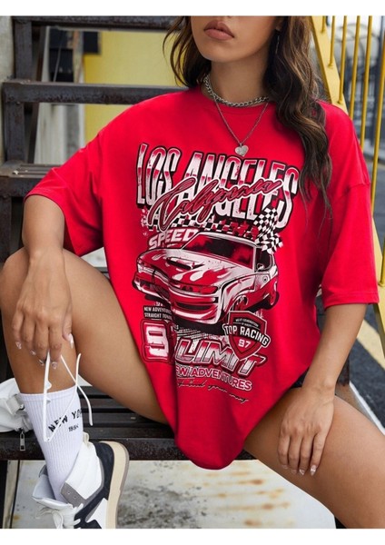 Top Racing Araba Los Angels California Baskılı Oversize T-Shirt