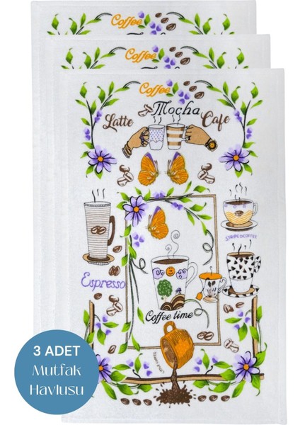 3'lü Renkli Baskılı Beyaz Mutfak Havlusu Seti, Yumuşak ve Şık Dokunuş.