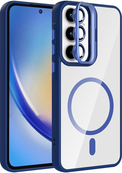 Samsung Galaxy A35 Kılıf Kamera Korumalı Magsafe Şeffaf Renkli Kenar Standlı + Lens Koruyucu