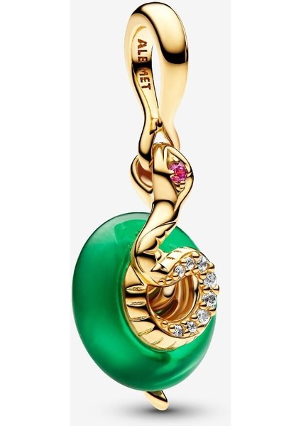 Yılan Figürlü Yeşil Murano Camı Sallantılı Charm 14 Ayar Altın Kaplama