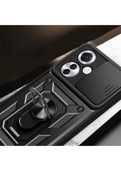 Oppo Reno 11FS Kılıf Kamera Korumalı Sürgülü Yüzüklü Armor Zırhlı Mıknatıslı Standlı Kapak indirimleri