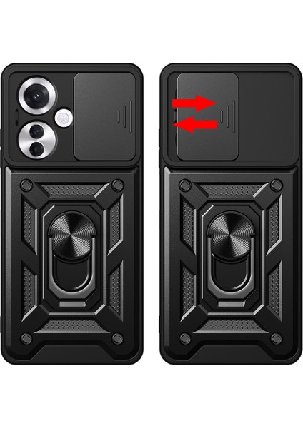Oppo Reno 11FS Kılıf Kamera Korumalı Sürgülü Yüzüklü Armor Zırhlı Mıknatıslı Standlı Kapak