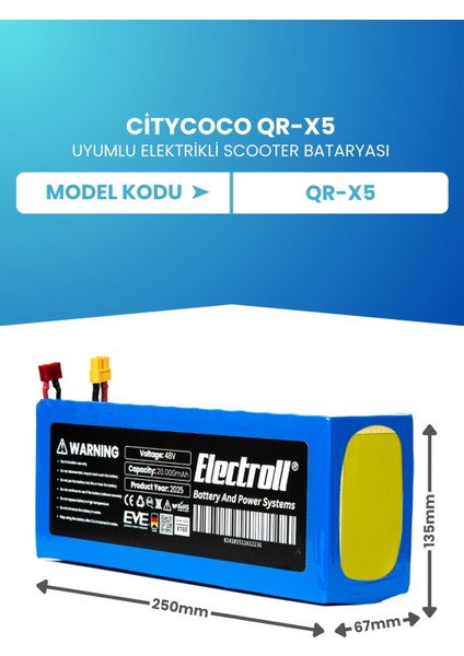 Citycoco Qr-X5 Scooter Batarya (Orjinal Kapasite) Lifepo4 60V 20AH Elektrikli Scooter Bataryası fiyatları