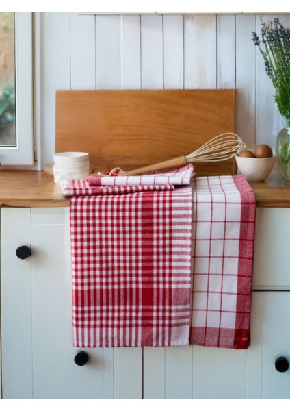 Kare Desenli 4'lü Mutfak Havlusu Seti, Kırmızı, Bulaşık ve Temizlik Bezi