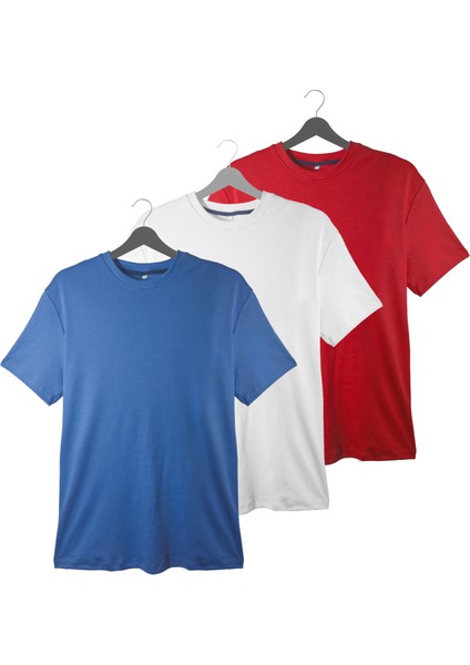 Erkek 3'lü Basic Tişört Seti - Pamuklu Bisiklet Yaka | Beyaz, Kırmızı ve Mavi Kombinasyonu | Günlük ve Spor Giyim
