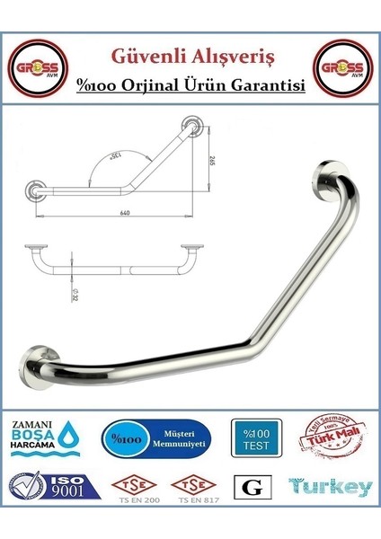 Açılı Bedensel Engelli Tutunma Barı - Engelli Küvet Tutunma Barı - 35X35