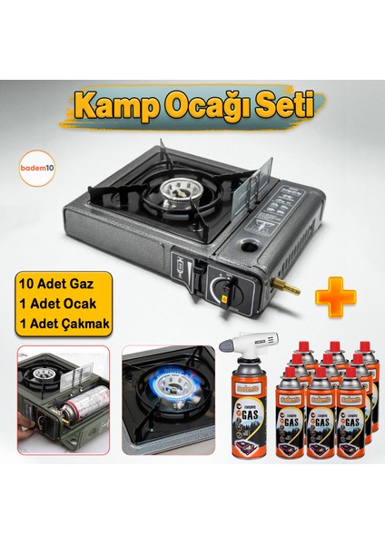 10'lu Gaz Taşınabilir Portatif Kamp Ocağı Tekli Tek Gözlü Gri Renk Kartuşlu Piknik Tüp Bağlantı Ocak
