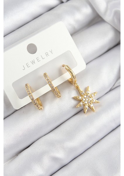 Pirinç Zirkon Taşlı Kutup Yıldızı Model Gold Renk 3 Lü Set Kadın Küpe