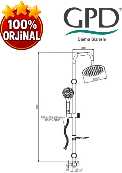 DST19-2-S Yönlendiricili Duş Seti (3 Fonksiyonlu El Duşu + Ø200) fiyatları