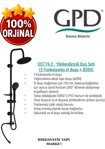 DST19-2-S Yönlendiricili Duş Seti (3 Fonksiyonlu El Duşu + Ø200) fırsatları