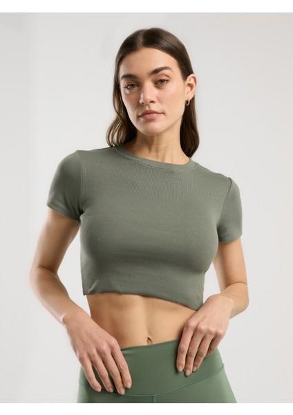 Ever Relaxed Rib Haki Kadın Crop Tişört