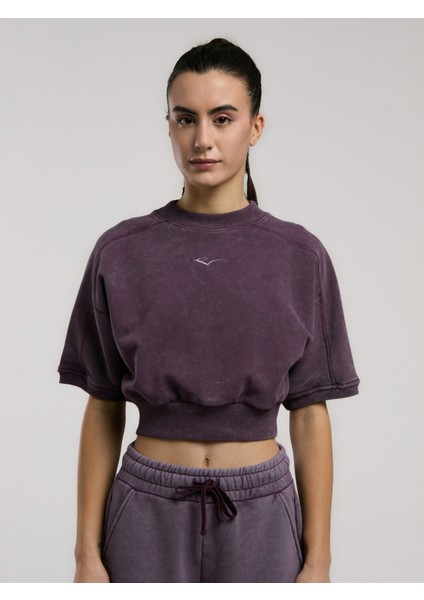 Bronx 1910 Oversize Mor Crop Kadın Kısa Kollu Sweatshirt